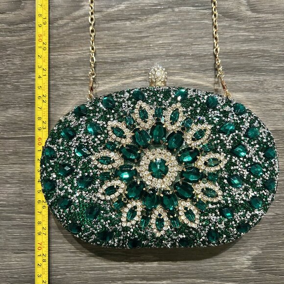 Ramla Bejeweled Crystal Evening Bag Emerald Green Chain Strap Top Handle Formal - Picture 9 of 14